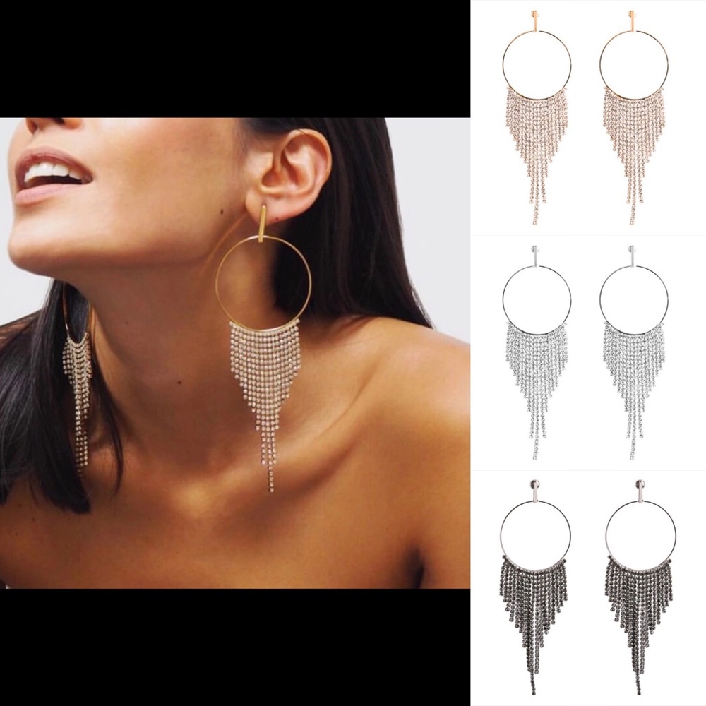 Crystal Tassel Hoop Statement Earrings - Picture 1 of 8